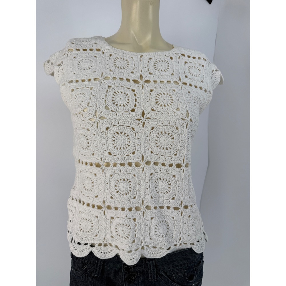 Milly of New York Crochet Knit Top White Cotton Granny Square Boho Cottagecore L